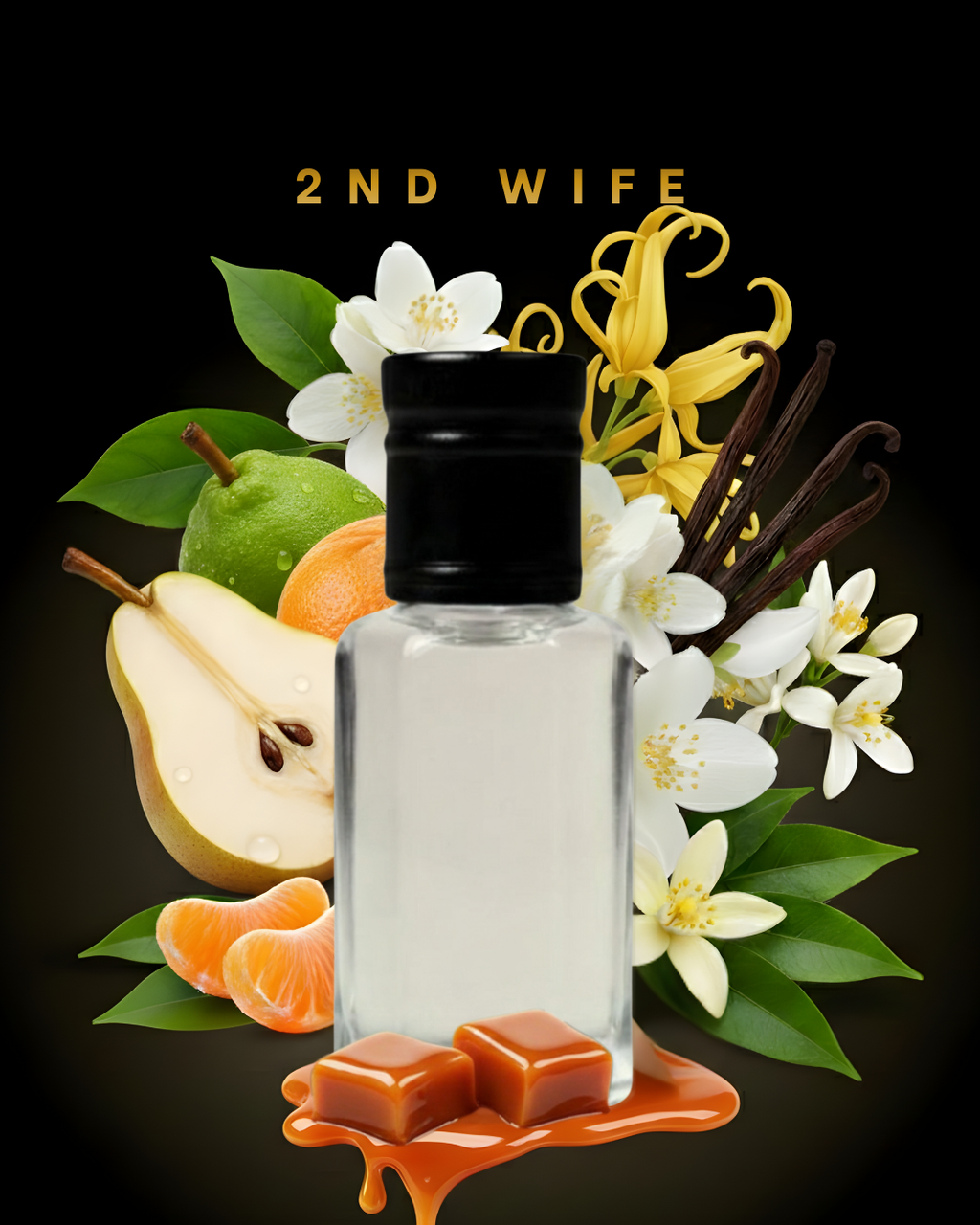 Perfume bottle with fruit, flowers, and caramel elements on a dark background with '2nd Wife' branding.