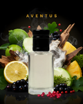 Perfume bottle with Aventus branding surrounded by fruits and leaves on a dark background