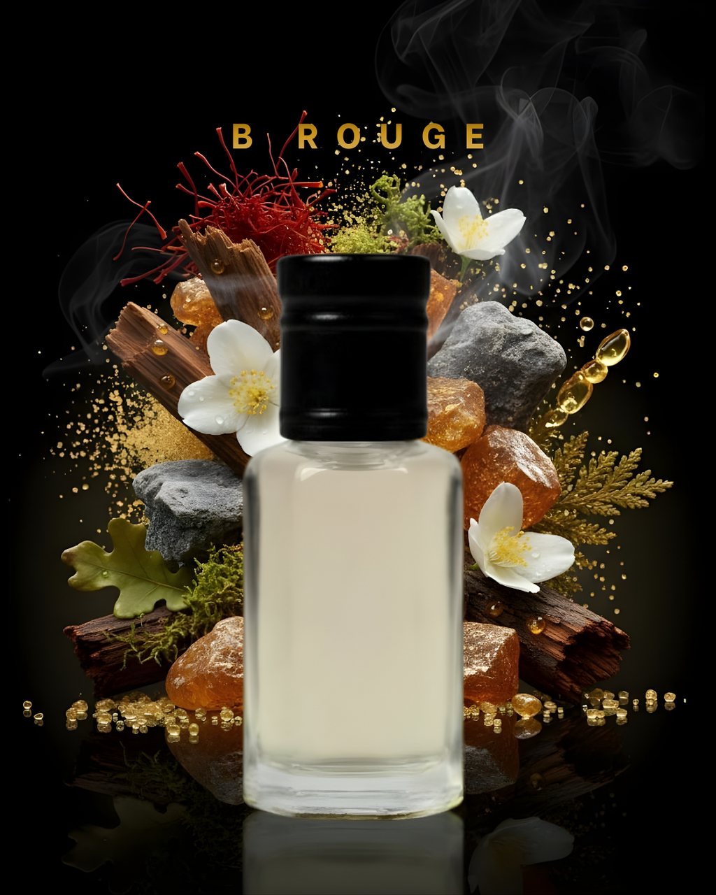 Perfume bottle with decorative elements on a dark background, featuring the brand 'B Rouge'.