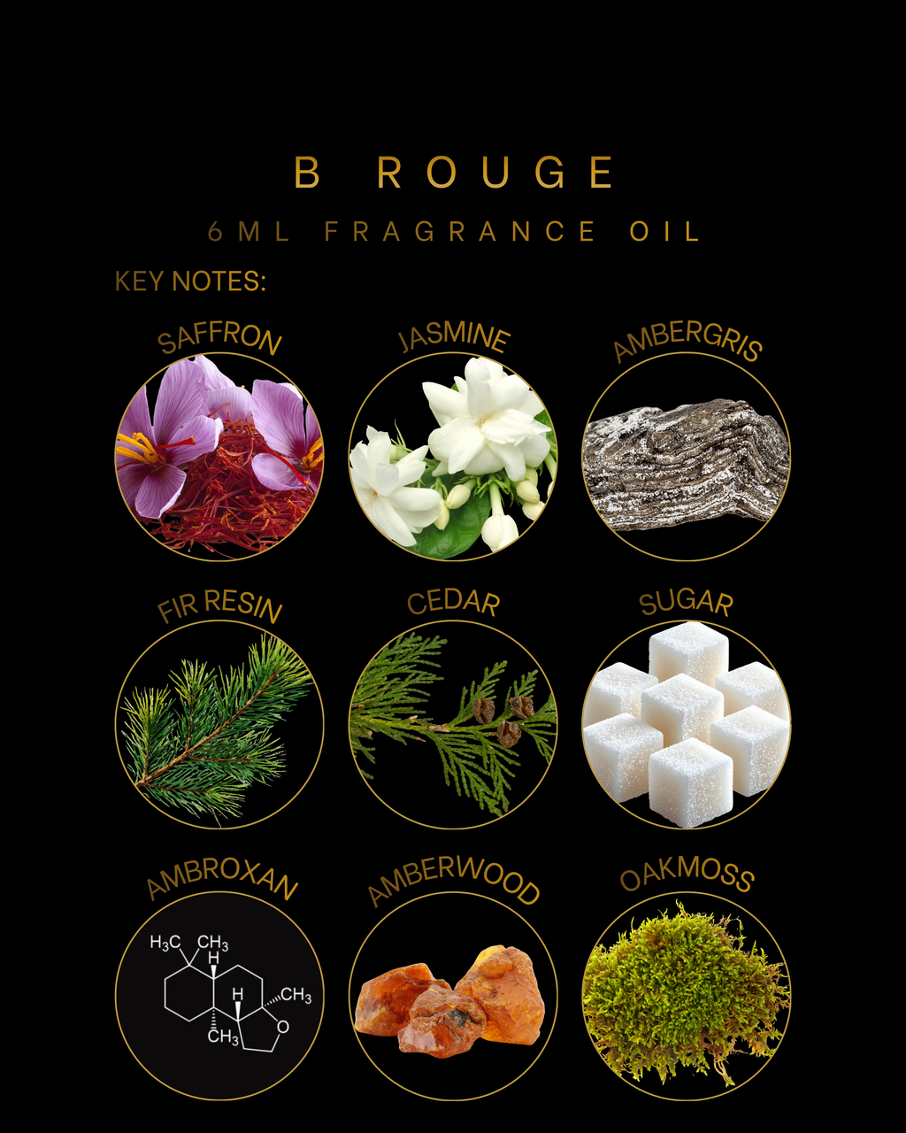 B Rouge 6ml Fragrance Oil is a bold, sophisticated scent with saffron, jasmine, ambergris, fir resin, cedar, ambroxan, and oakmoss. Warm, woody, and captivating fragrance oil.