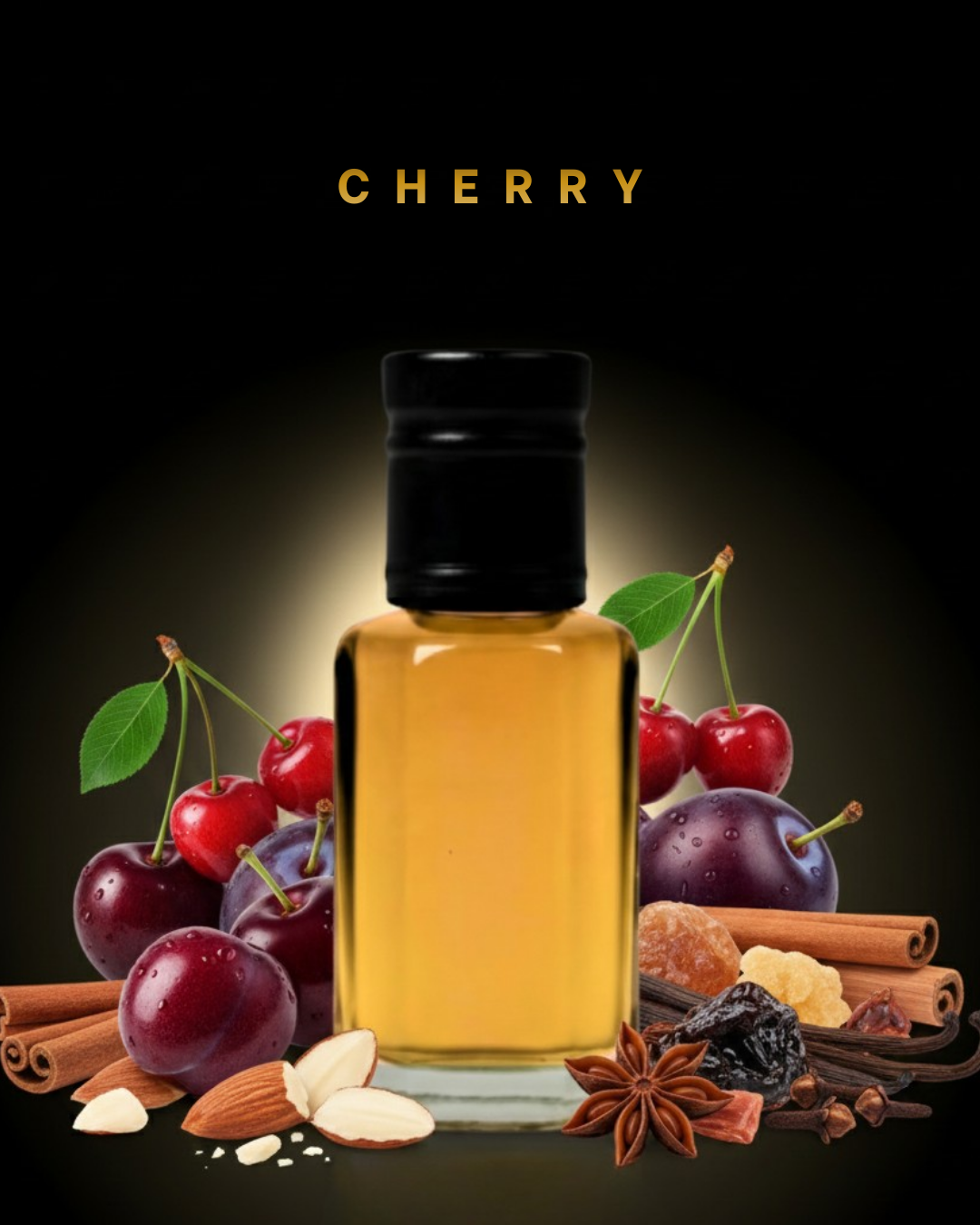 Bottle of cherry FRAGRANCE OIL surrounded by cherries, plums, and spices on a dark background.