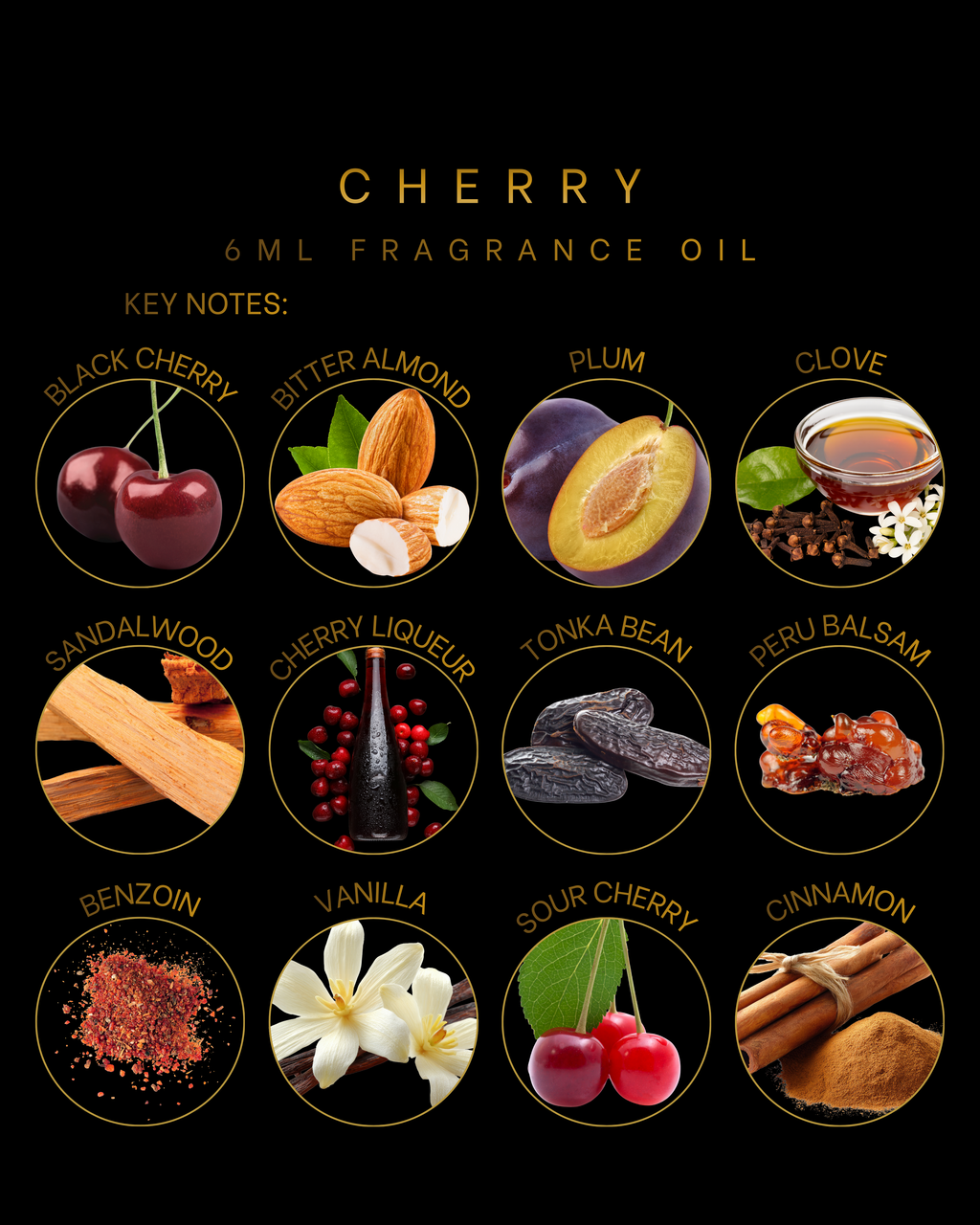 Cherry 6ml Fragrance Oil is a rich, sweet fragrance with black cherry, plum, cherry liqueur, bitter almond, vanilla, sandalwood, and tonka bean. Warm, fruity, and luxurious scent.