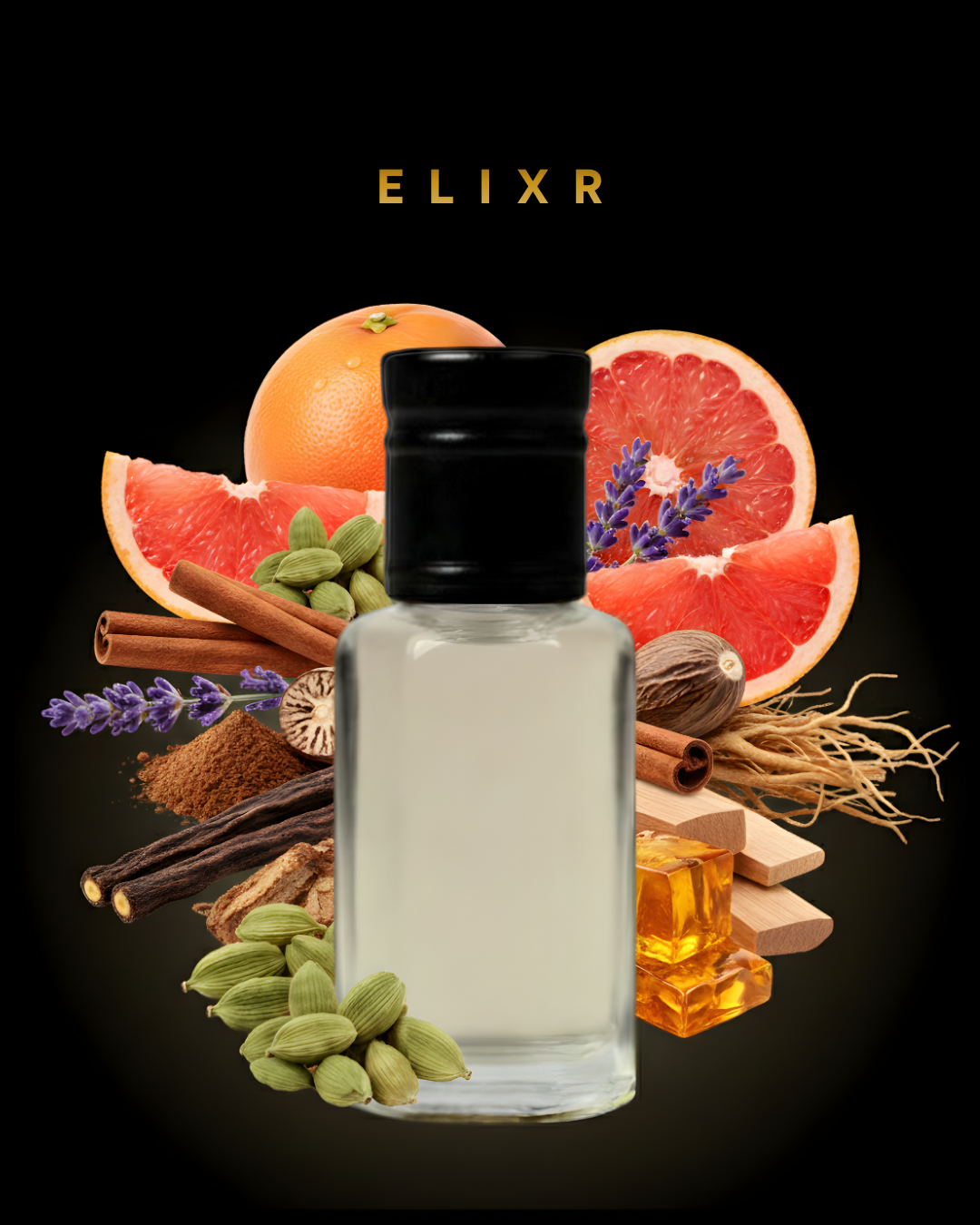 Perfume bottle with ingredients like oranges, grapefruits, and spices on a dark background with 'ELIXR' branding.
