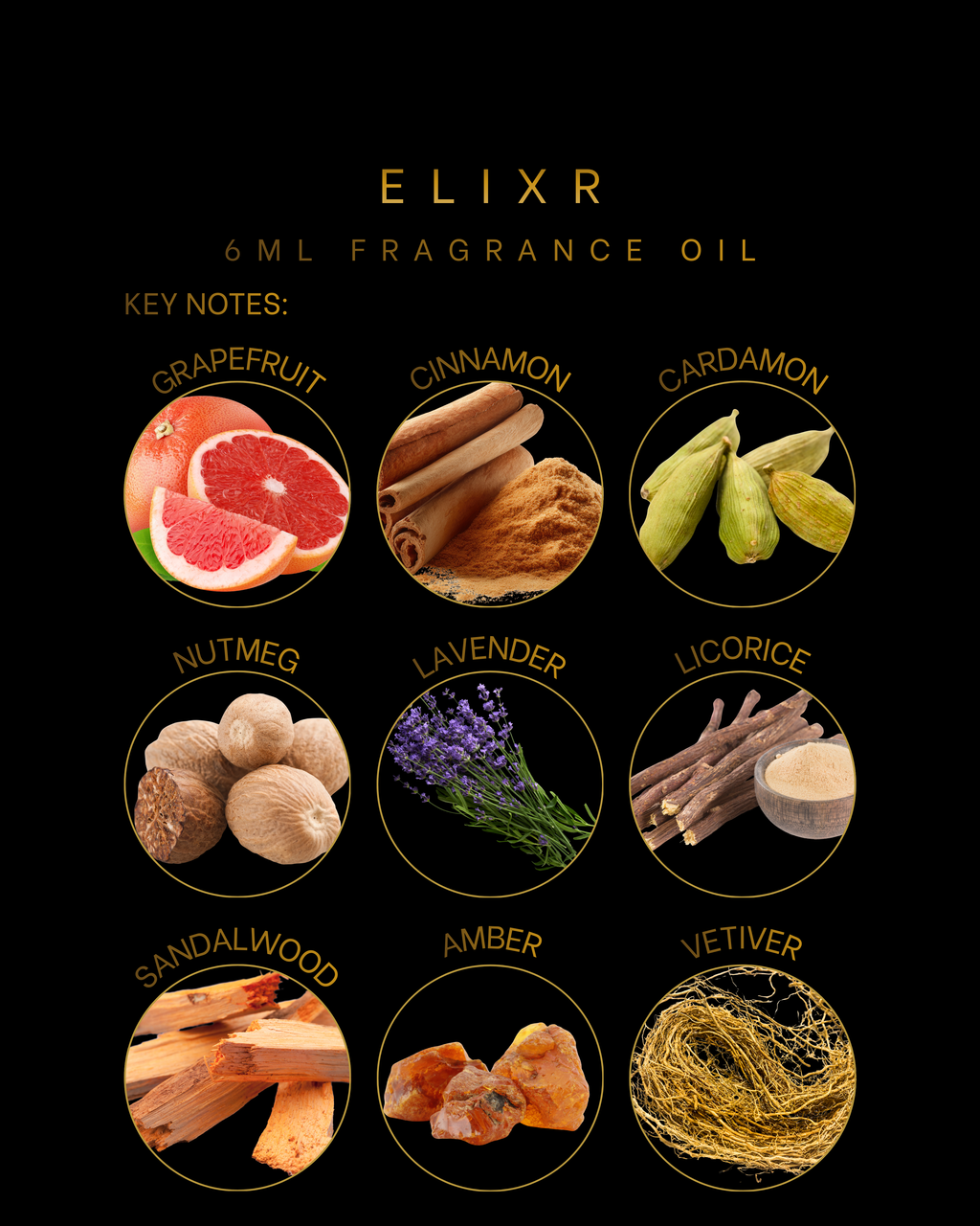 Elixr 6ml Fragrance Oil is a warm spicy woody scent with grapefruit, cinnamon, cardamom, lavender, amber, and sandalwood. Long-lasting luxury fragrance oil.