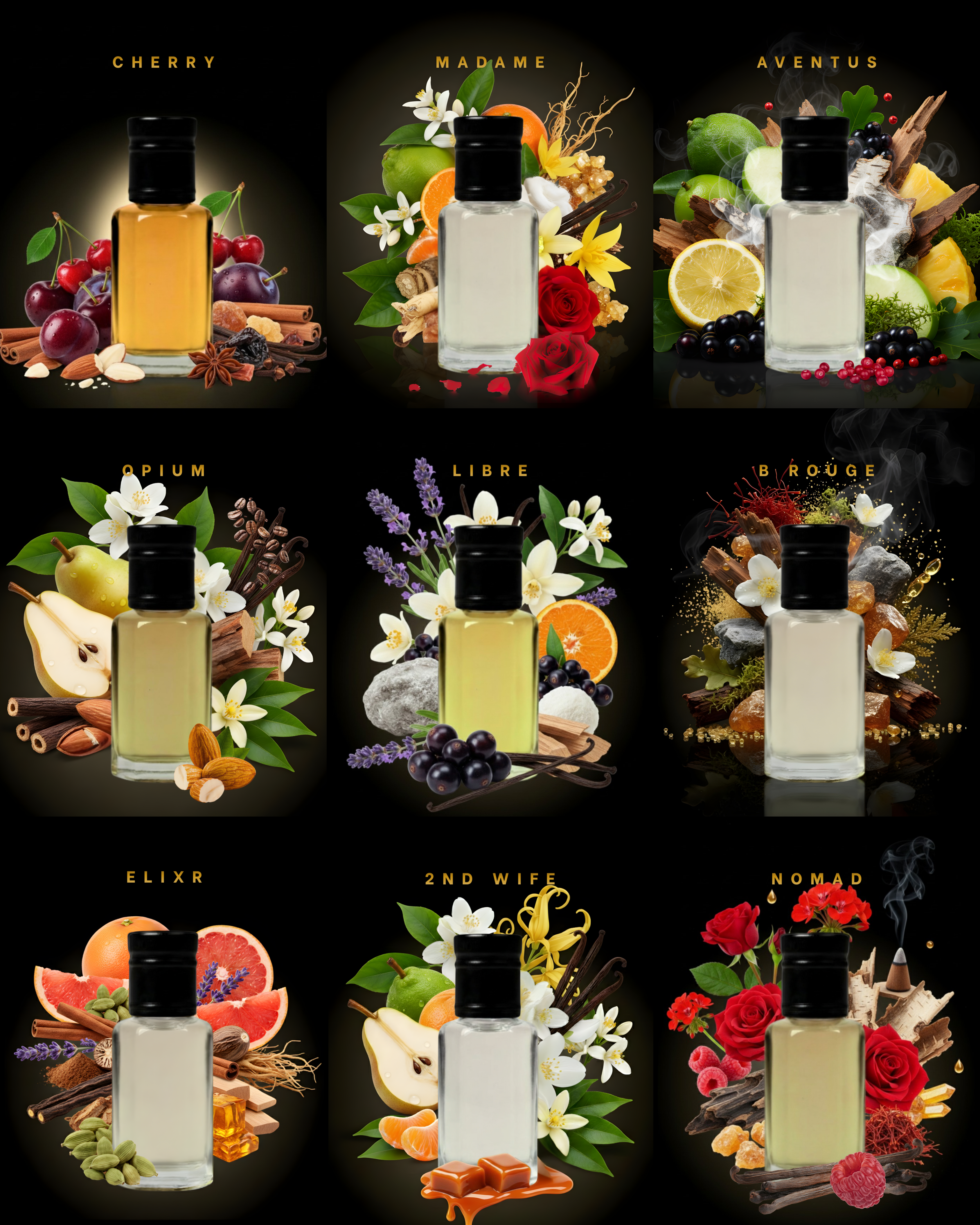 Collage of various perfume bottles with corresponding floral and fruit illustrations on a dark background.