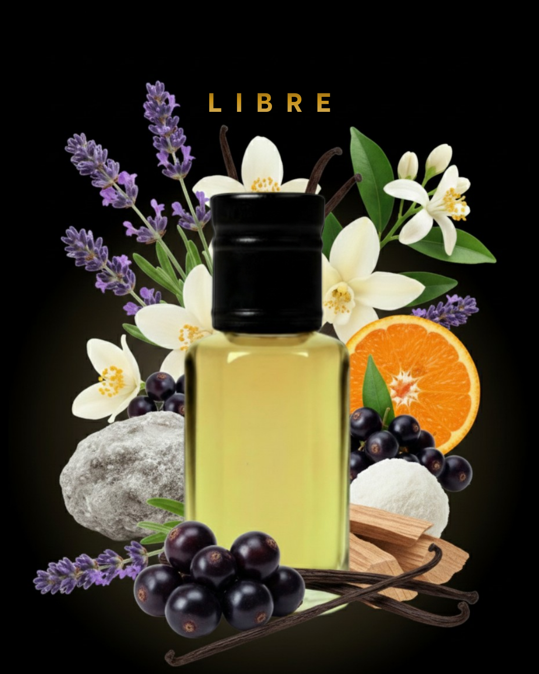 Perfume bottle with floral, fruit, and stone elements on a dark background with 'LIBRE' branding.