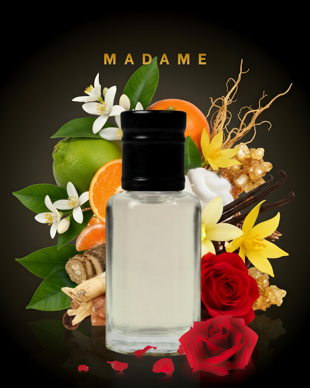 Perfume bottle with floral and fruit elements on a dark background, featuring the brand 'Madame'.