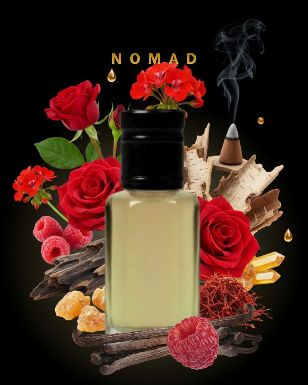 Perfume bottle with red roses, spices, and incense on a black background with 'NOMAD' branding.
