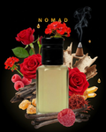 Perfume bottle with red roses, spices, and incense on a black background with 'NOMAD' branding.