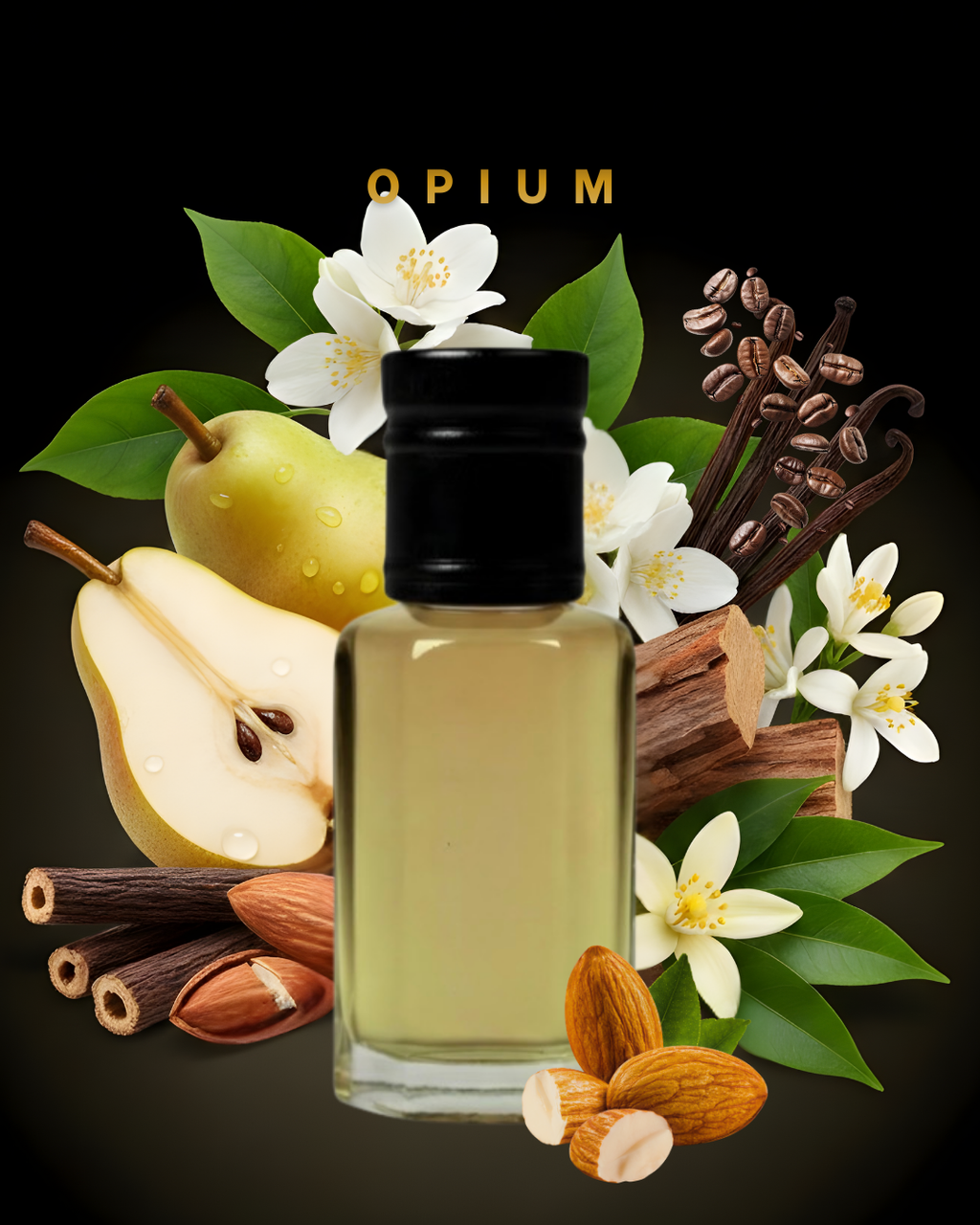 Perfume bottle labeled 'Opium' surrounded by flowers, pears, and almonds on a dark background